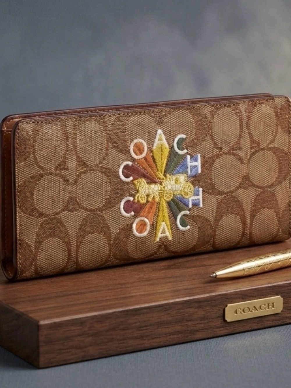 Coach Slim Wallet Signature Canvas Radial Rainbow C7305 Khaki